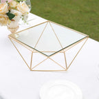 Metal Cake Stand Geometric Pedestal Riser Design Gold with Square Glass Top - Display Centerpiece 12"