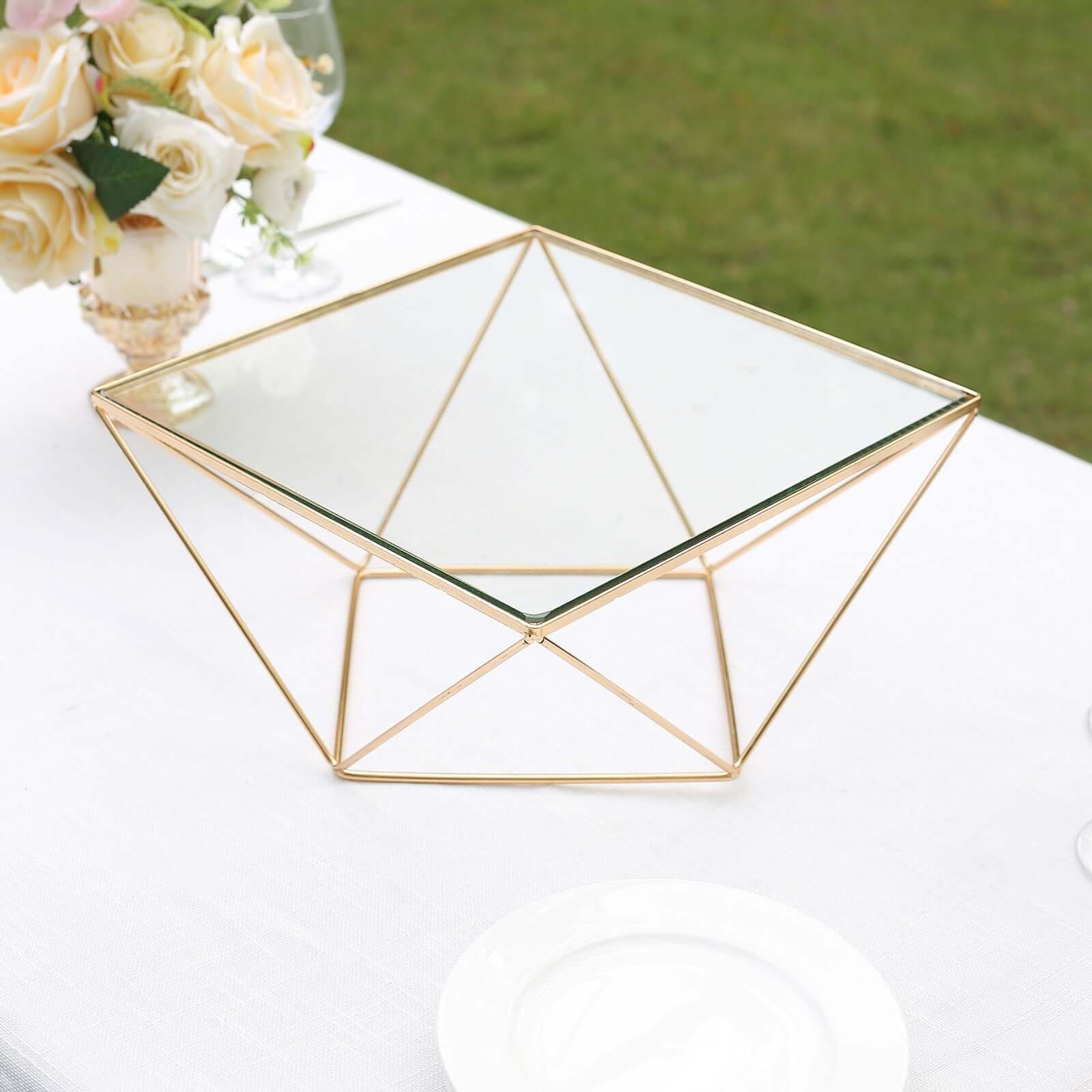 Metal Cake Stand Geometric Pedestal Riser Design Gold with Square Glass Top - Display Centerpiece 12"