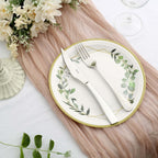 24-Pack Paper 9" Round Dinner Plates in White with Eucalyptus Leaves & Gold Rim - Disposable 300GSM Party Plates for Modern & Nature-Inspired Events