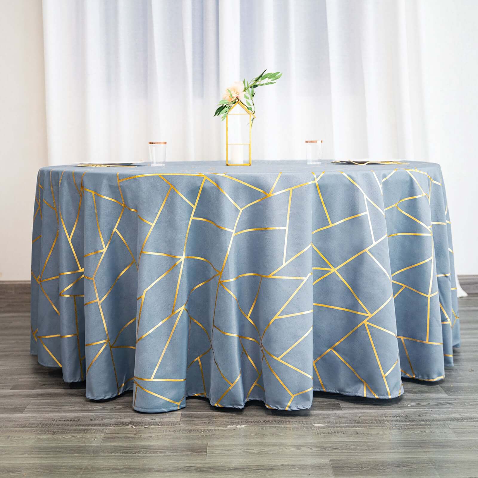 Polyester 120" Round Tablecloth Dusty Blue with Gold Foil Geometric Pattern Wrinkle-Resistant Seamless Table Cover