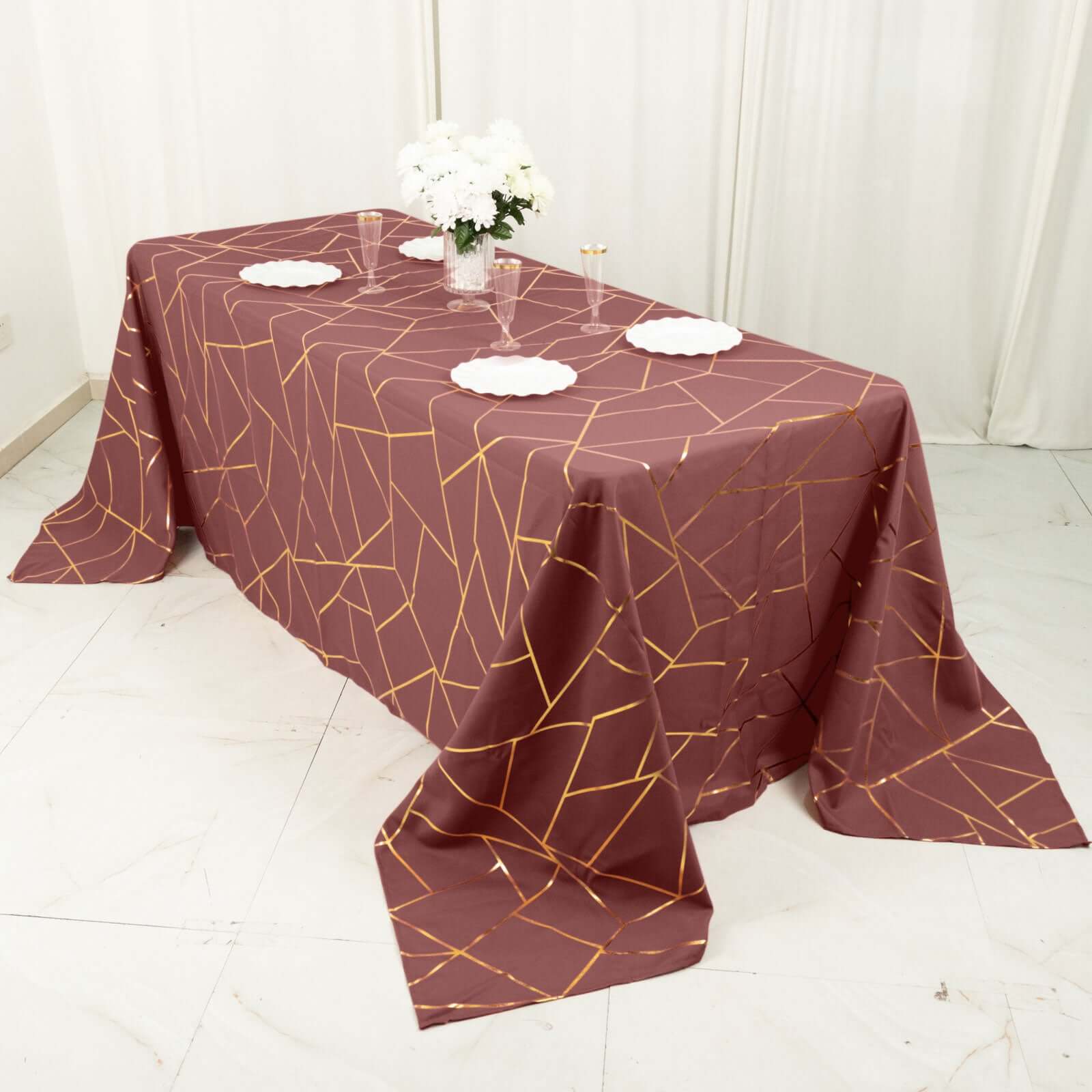 Polyester 60"x132" Rectangle Tablecloth Cinnamon Rose with Gold Foil Geometric Pattern - Wrinkle-Resistant and Durable Table Cover for Weddings & Events