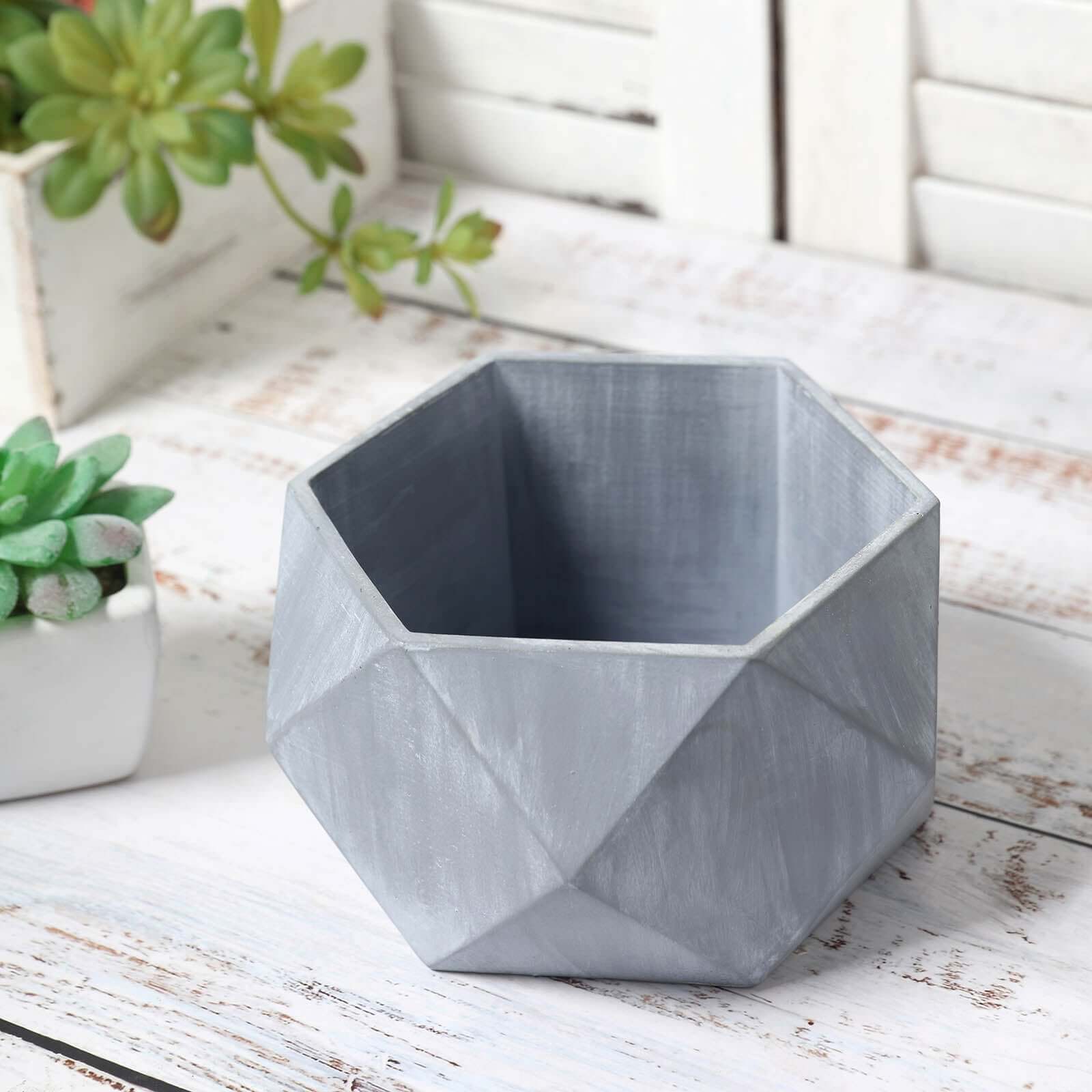 Geometric Planter Mini Cement Design Gray Finish - Concrete Succulent Flower Pot 7"