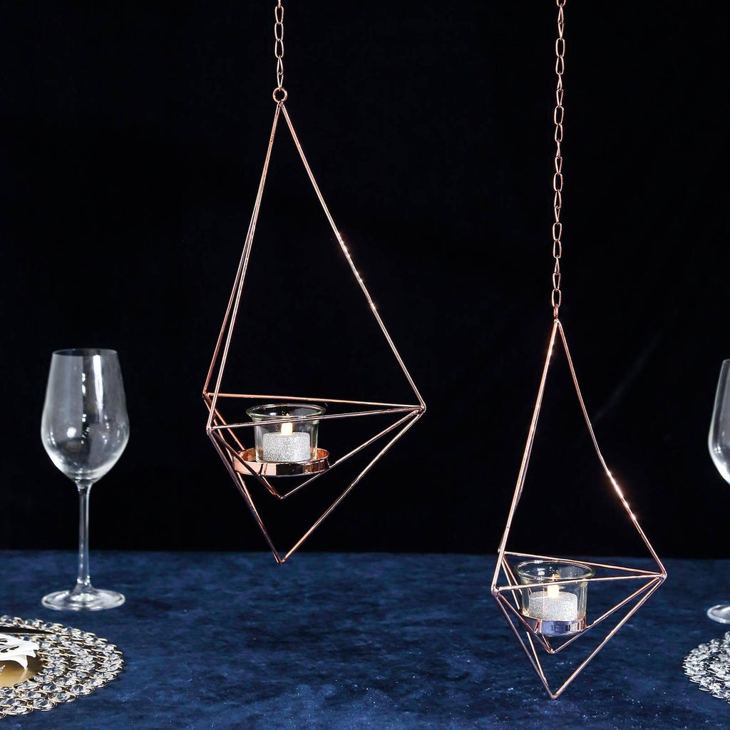 Set of 2 Hanging Tealight Candle Holders Rose Gold Metal Diamond Geometric Open Frame - Flower Terrariums 12", 15"