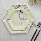 25-Pack Paper 8.5" Hexagon Dessert Plates in Ivory with Silver Marble Design - Disposable Geometric 400GSM Appetizer Salad Plates for Events & Banquets