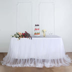 Extra Long Tulle 14ft Table Skirt White with Satin Edge - Table Cover for Baby Showers & Events