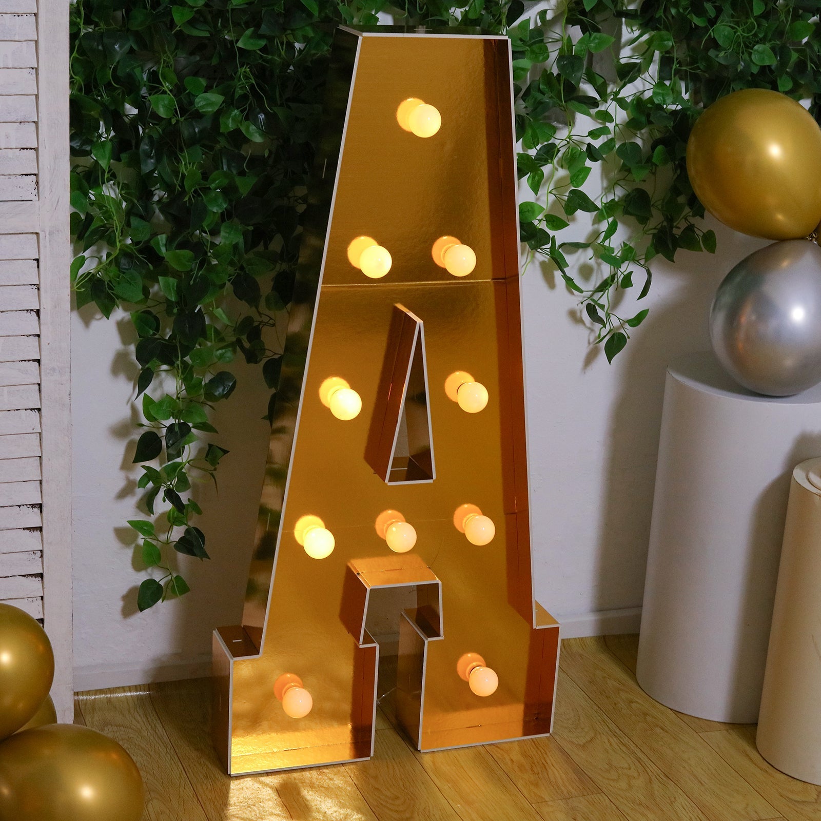 Giant LED Marquee Light Up Letter "A", Gold 4ft Pre - Cut Foam Board with 10 Warm White Battery Operated LEDs, Glue Gun and Sticks - Bell Racket Store