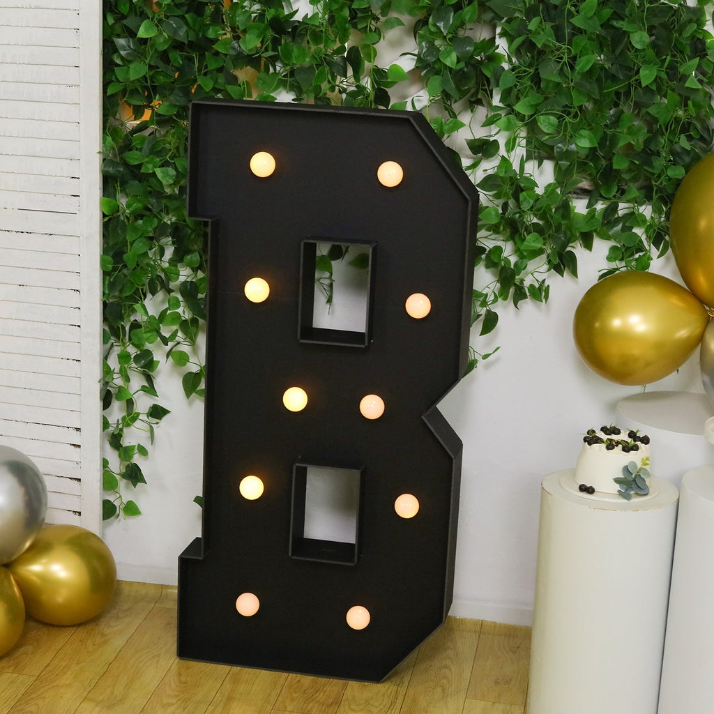 Giant LED Marquee Light Up Letter "B", Black 4ft Pre - Cut Foam Board with 10 Warm White Battery Operated LEDs, Glue Gun and Sticks - Bell Racket Store