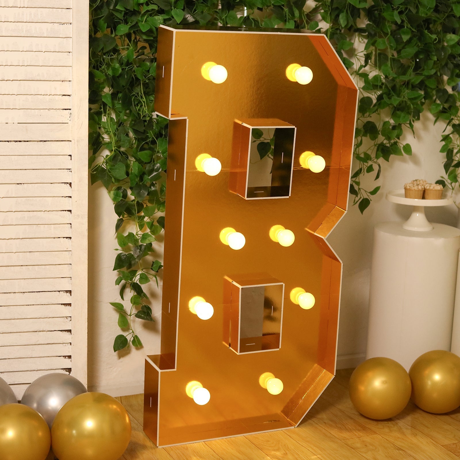 Giant LED Marquee Light Up Letter "B", Gold 4ft Pre - Cut Foam Board with 10 Warm White Battery Operated LEDs, Glue Gun and Sticks - Bell Racket Store