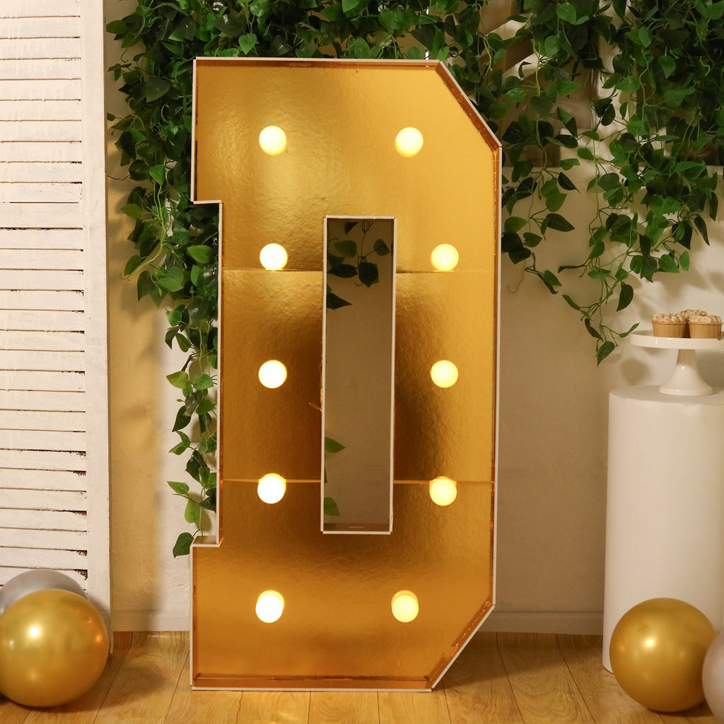 Giant LED Marquee Light Up Letter "D", Gold 4ft Pre - Cut Foam Board with 10 Warm White Battery Operated LEDs, Glue Gun and Sticks - Bell Racket Store