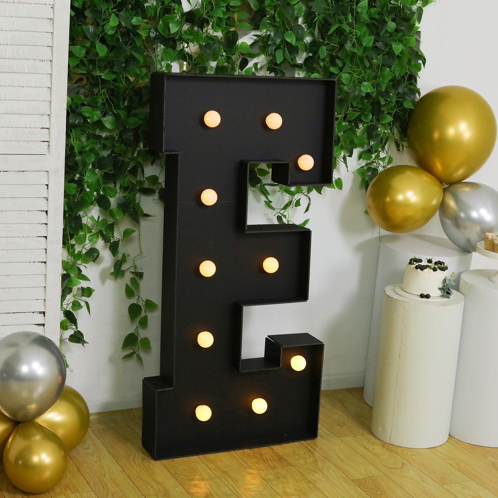Giant LED Marquee Light Up Letter "E", Black 4ft Pre - Cut Foam Board with 10 Warm White Battery Operated LEDs, Glue Gun and Sticks - Bell Racket Store