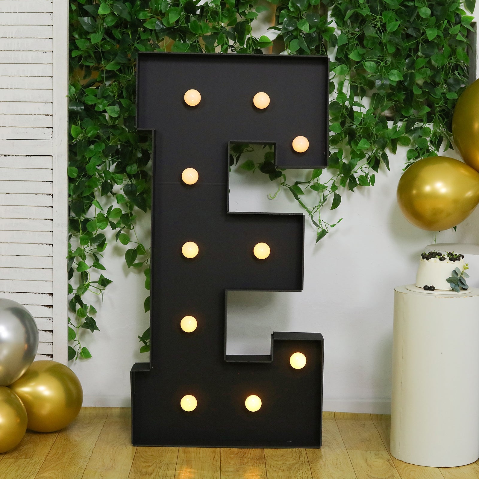 Giant LED Marquee Light Up Letter "E", Black 4ft Pre - Cut Foam Board with 10 Warm White Battery Operated LEDs, Glue Gun and Sticks - Bell Racket Store