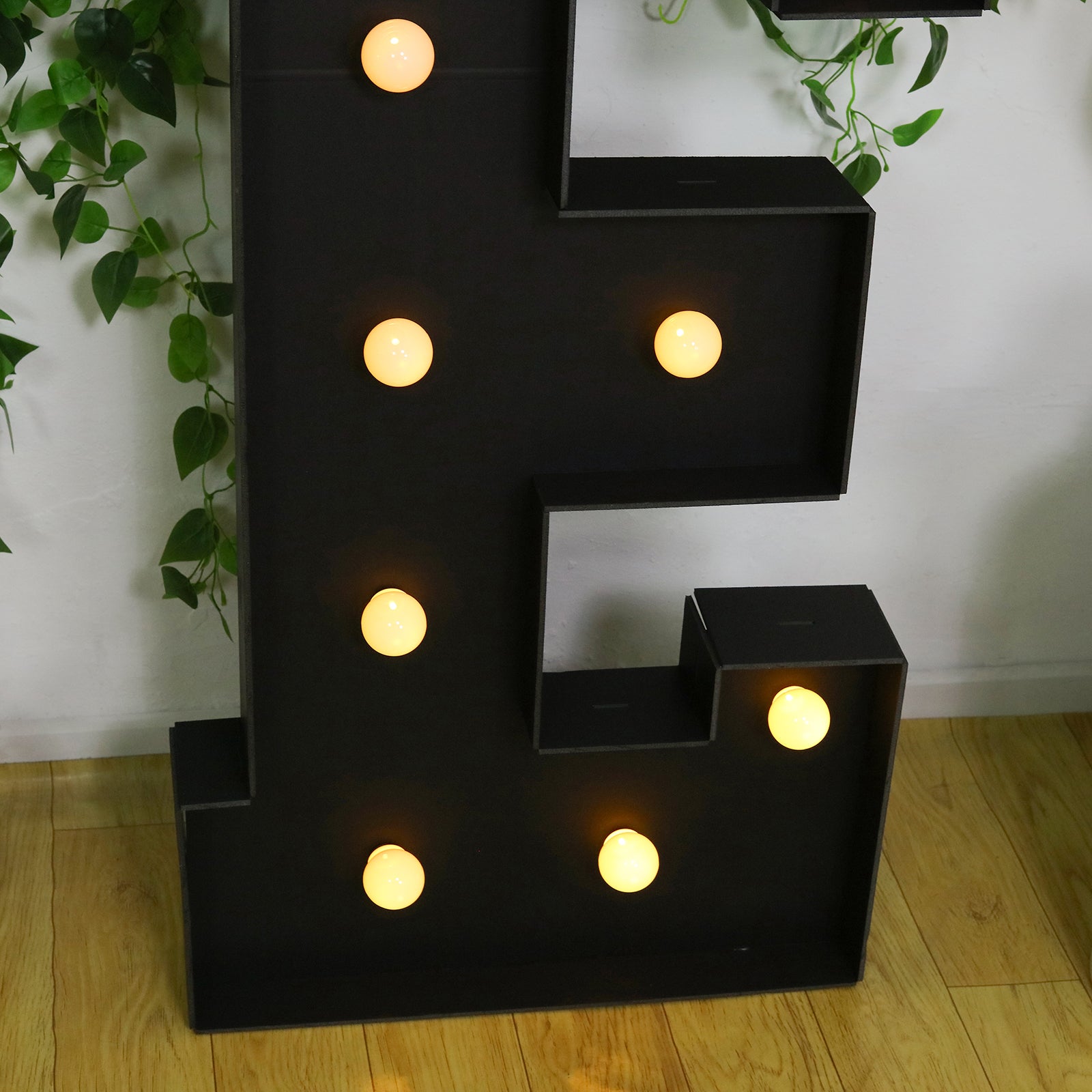 Giant LED Marquee Light Up Letter "E", Black 4ft Pre - Cut Foam Board with 10 Warm White Battery Operated LEDs, Glue Gun and Sticks - Bell Racket Store