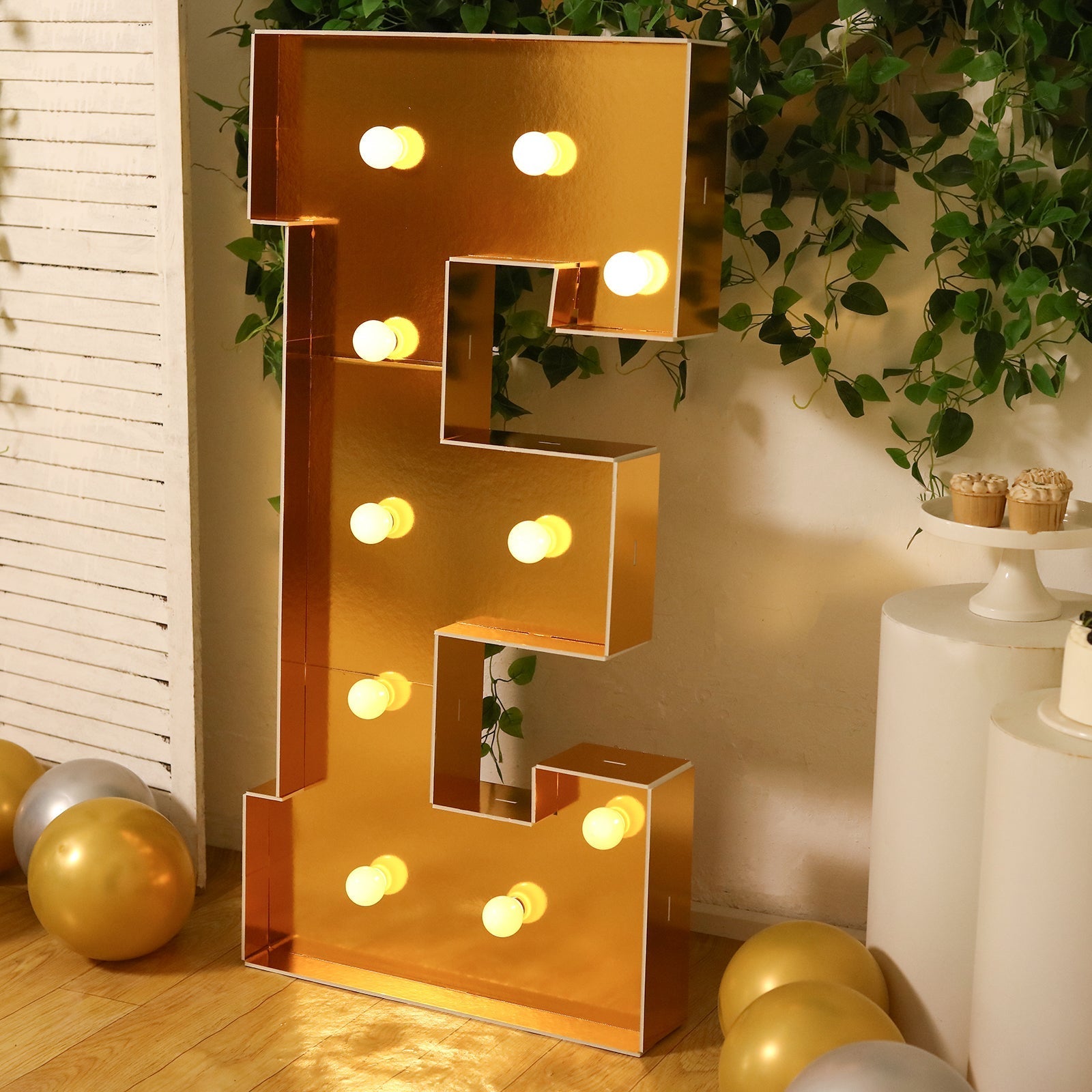 Giant LED Marquee Light Up Letter "E", Gold 4ft Pre - Cut Foam Board with 10 Warm White Battery Operated LEDs, Glue Gun and Sticks - Bell Racket Store