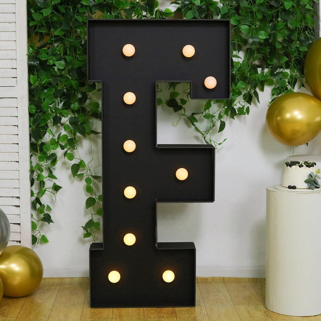 Giant LED Marquee Light Up Letter "F", Black 4ft Pre - Cut Foam Board with 10 Warm White Battery Operated LEDs, Glue Gun and Sticks - Bell Racket Store