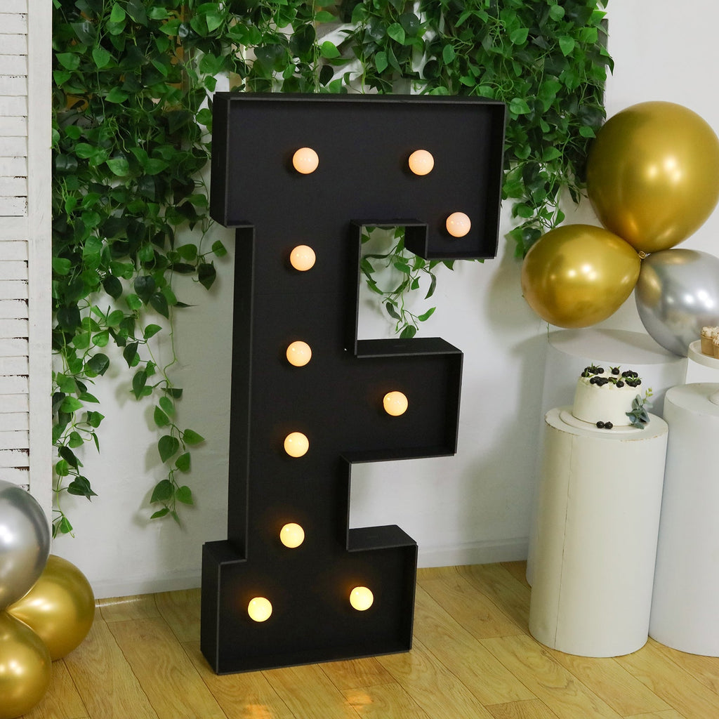 Giant LED Marquee Light Up Letter "F", Black 4ft Pre - Cut Foam Board with 10 Warm White Battery Operated LEDs, Glue Gun and Sticks - Bell Racket Store