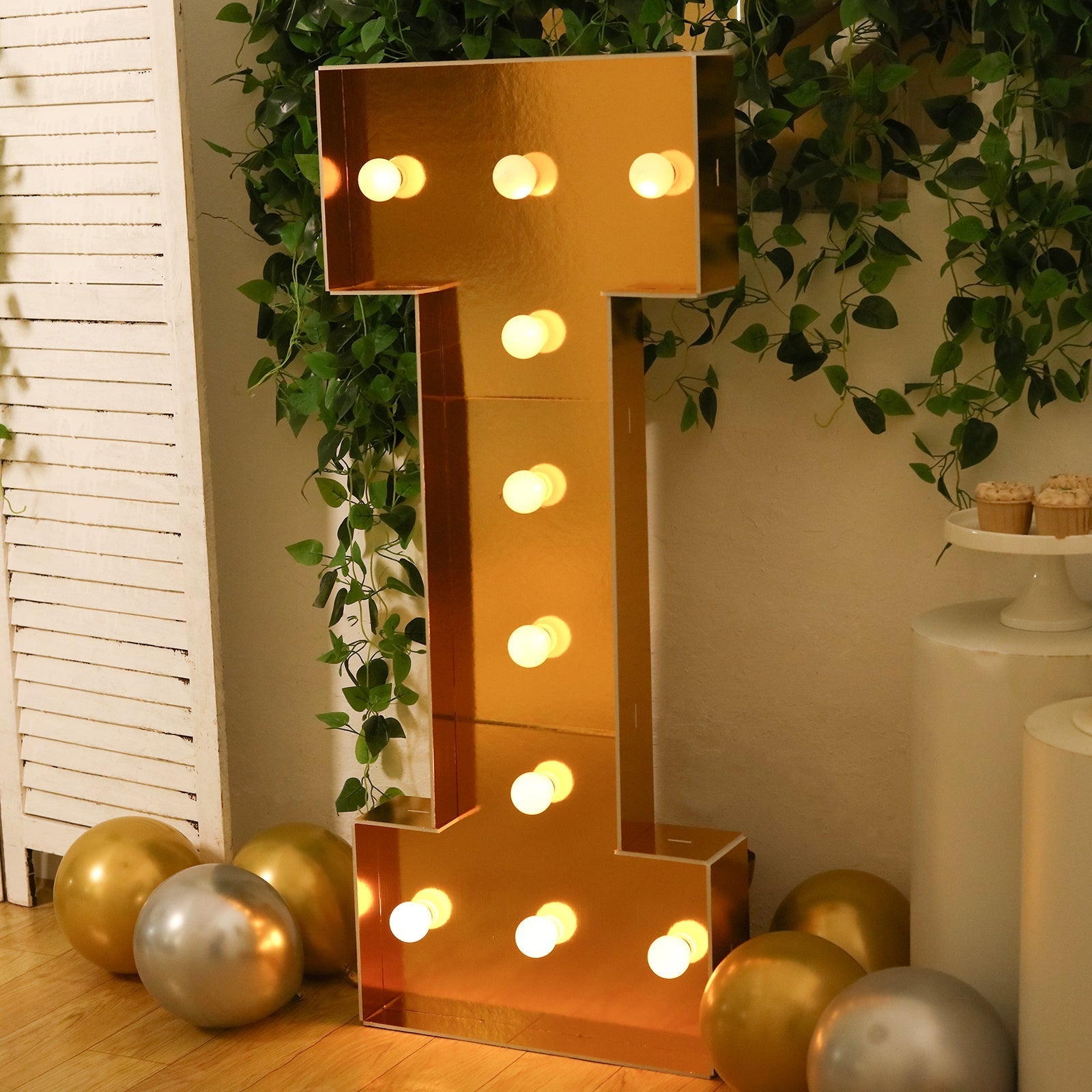Giant LED Marquee Light Up Letter "I", Gold 4ft Pre - Cut Foam Board with 10 Warm White Battery Operated LEDs, Glue Gun and Sticks - Bell Racket Store