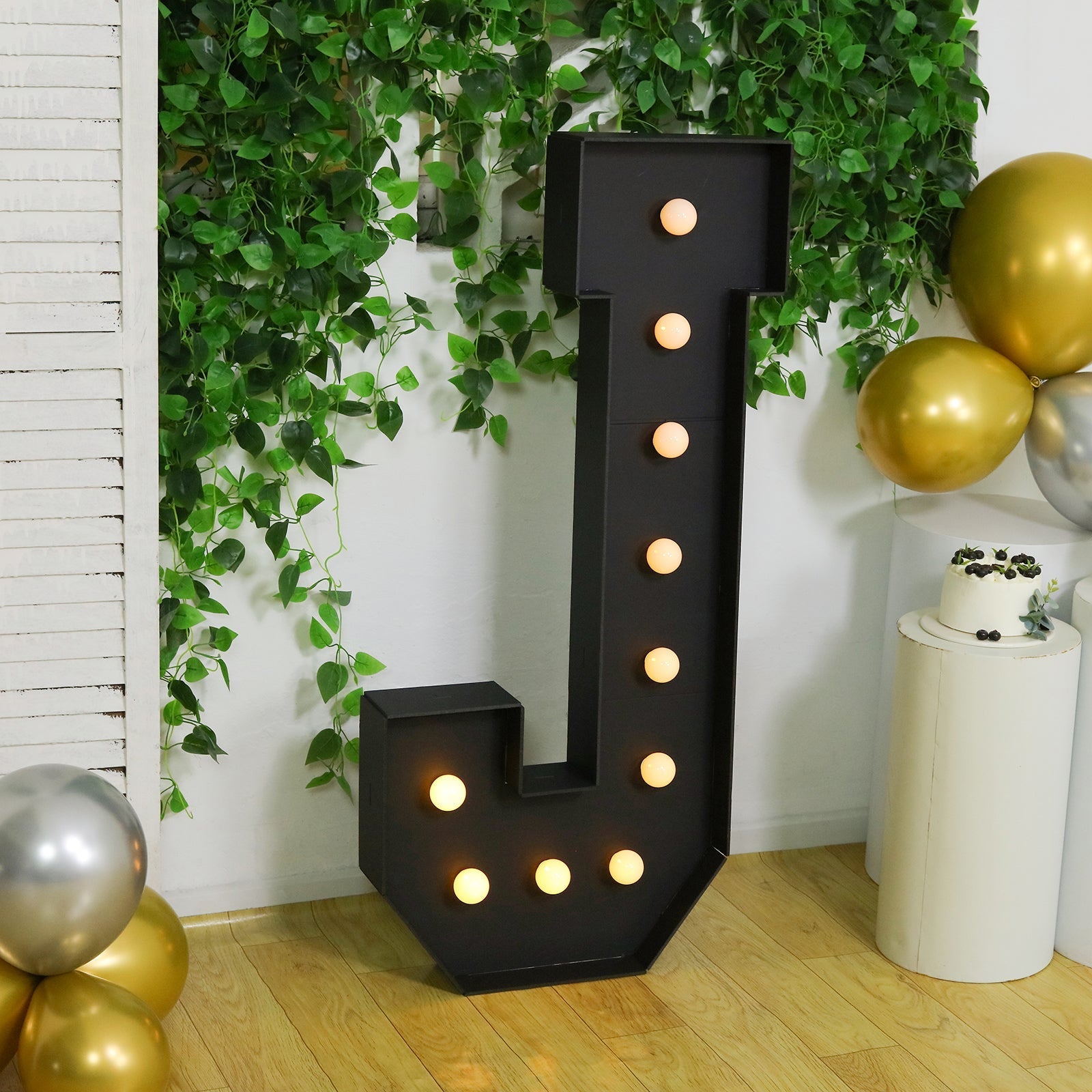 Giant LED Marquee Light Up Letter "J", Black 4ft Pre - Cut Foam Board with 10 Warm White Battery Operated LEDs, Glue Gun and Sticks - Bell Racket Store