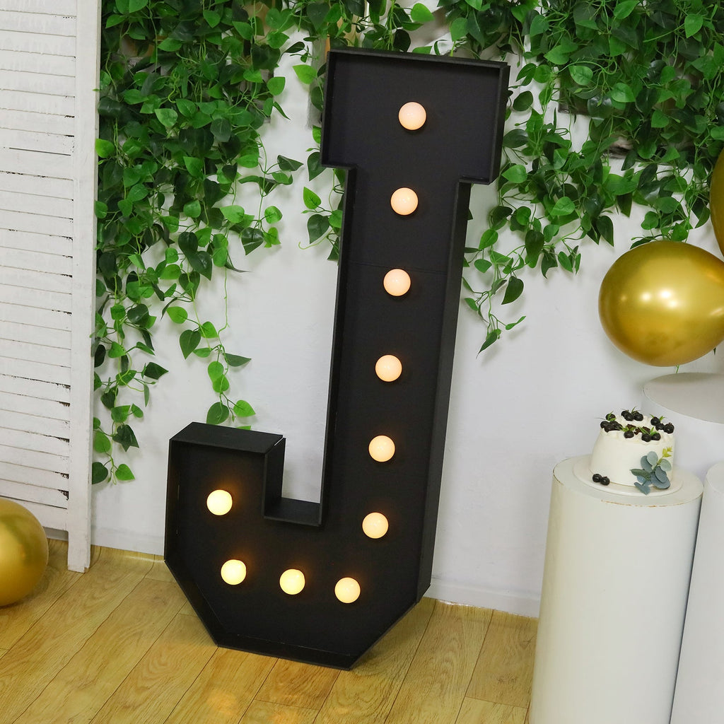 Giant LED Marquee Light Up Letter "J", Black 4ft Pre - Cut Foam Board with 10 Warm White Battery Operated LEDs, Glue Gun and Sticks - Bell Racket Store