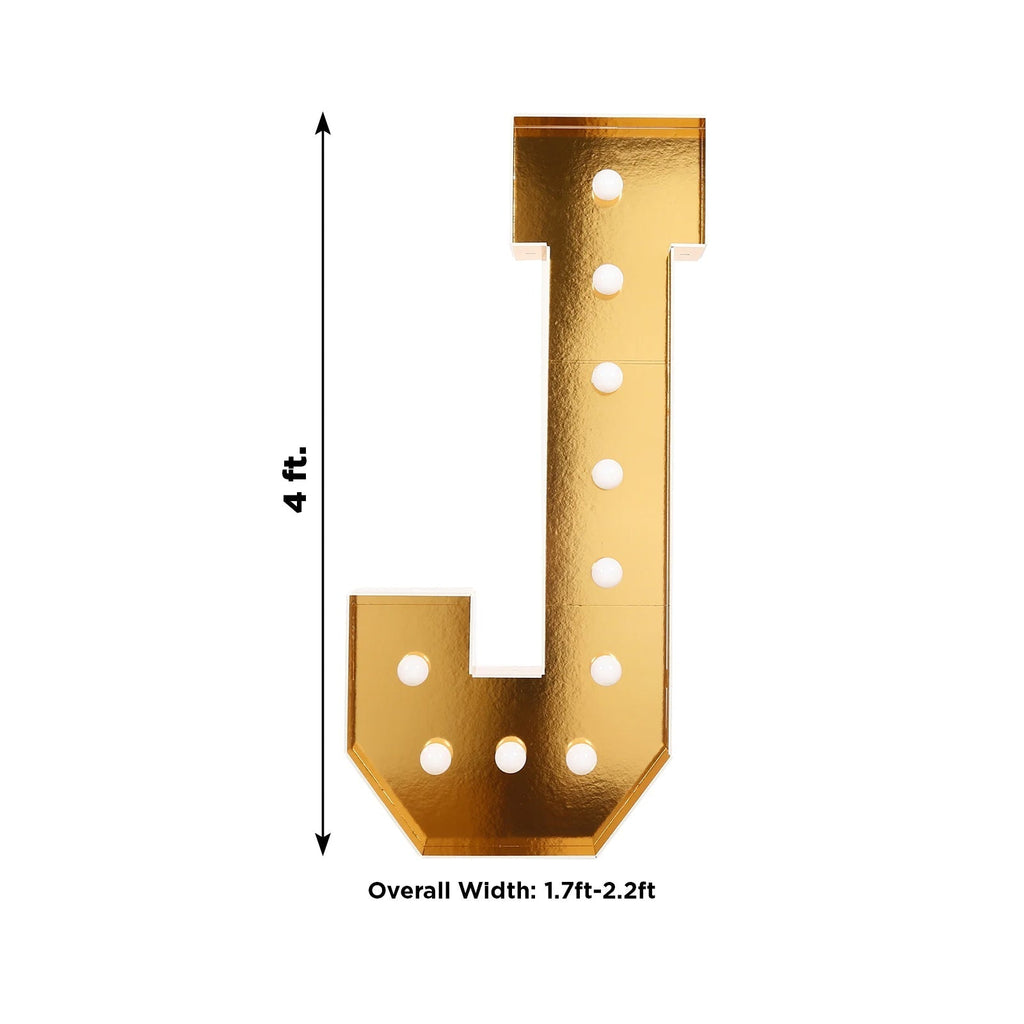 Giant LED Marquee Light Up Letter "J", Gold 4ft Pre - Cut Foam Board with 10 Warm White Battery Operated LEDs, Glue Gun and Sticks - Bell Racket Store