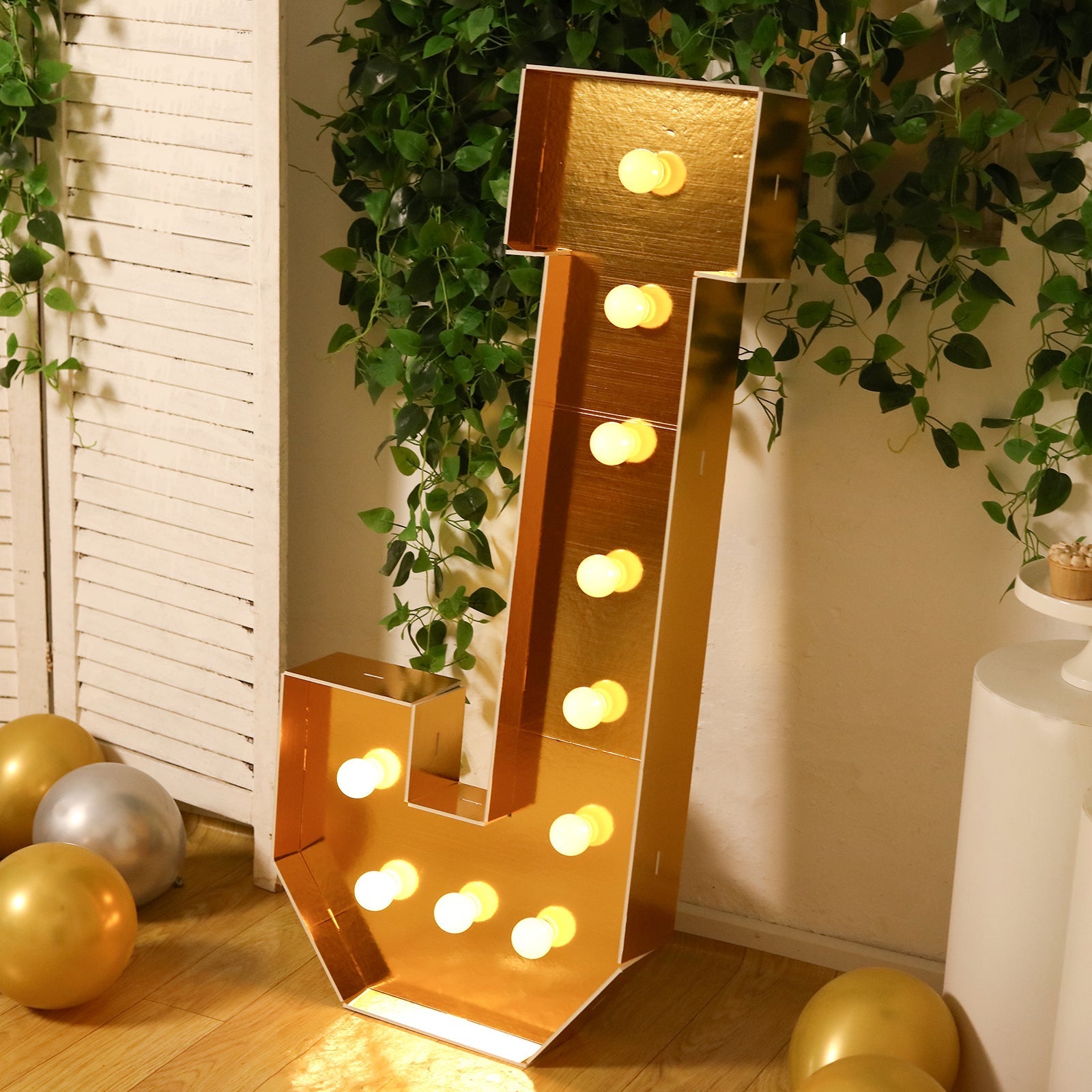 Giant LED Marquee Light Up Letter "J", Gold 4ft Pre - Cut Foam Board with 10 Warm White Battery Operated LEDs, Glue Gun and Sticks - Bell Racket Store