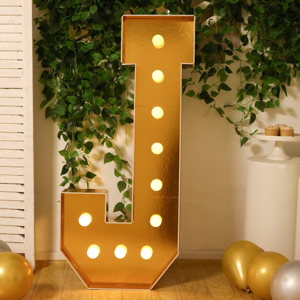 Giant LED Marquee Light Up Letter "J", Gold 4ft Pre - Cut Foam Board with 10 Warm White Battery Operated LEDs, Glue Gun and Sticks - Bell Racket Store