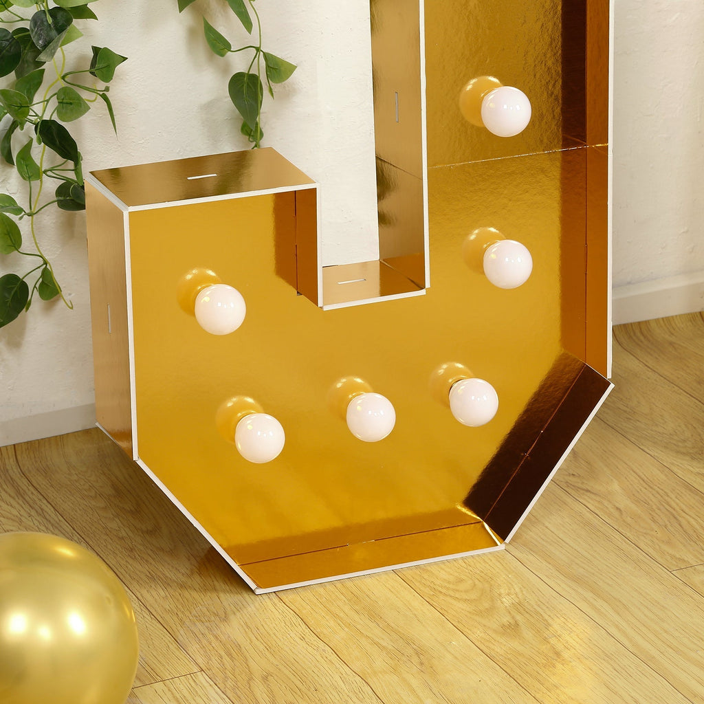 Giant LED Marquee Light Up Letter "J", Gold 4ft Pre - Cut Foam Board with 10 Warm White Battery Operated LEDs, Glue Gun and Sticks - Bell Racket Store