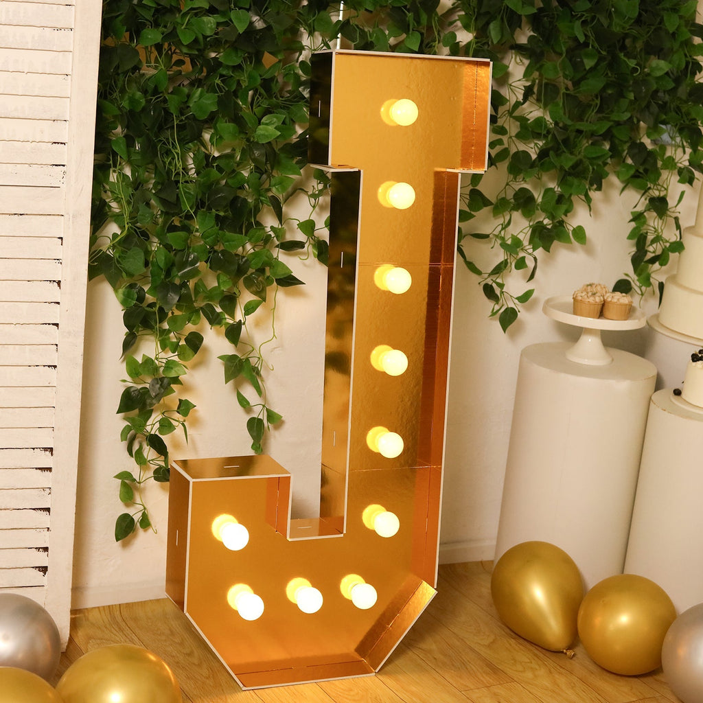 Giant LED Marquee Light Up Letter "J", Gold 4ft Pre - Cut Foam Board with 10 Warm White Battery Operated LEDs, Glue Gun and Sticks - Bell Racket Store