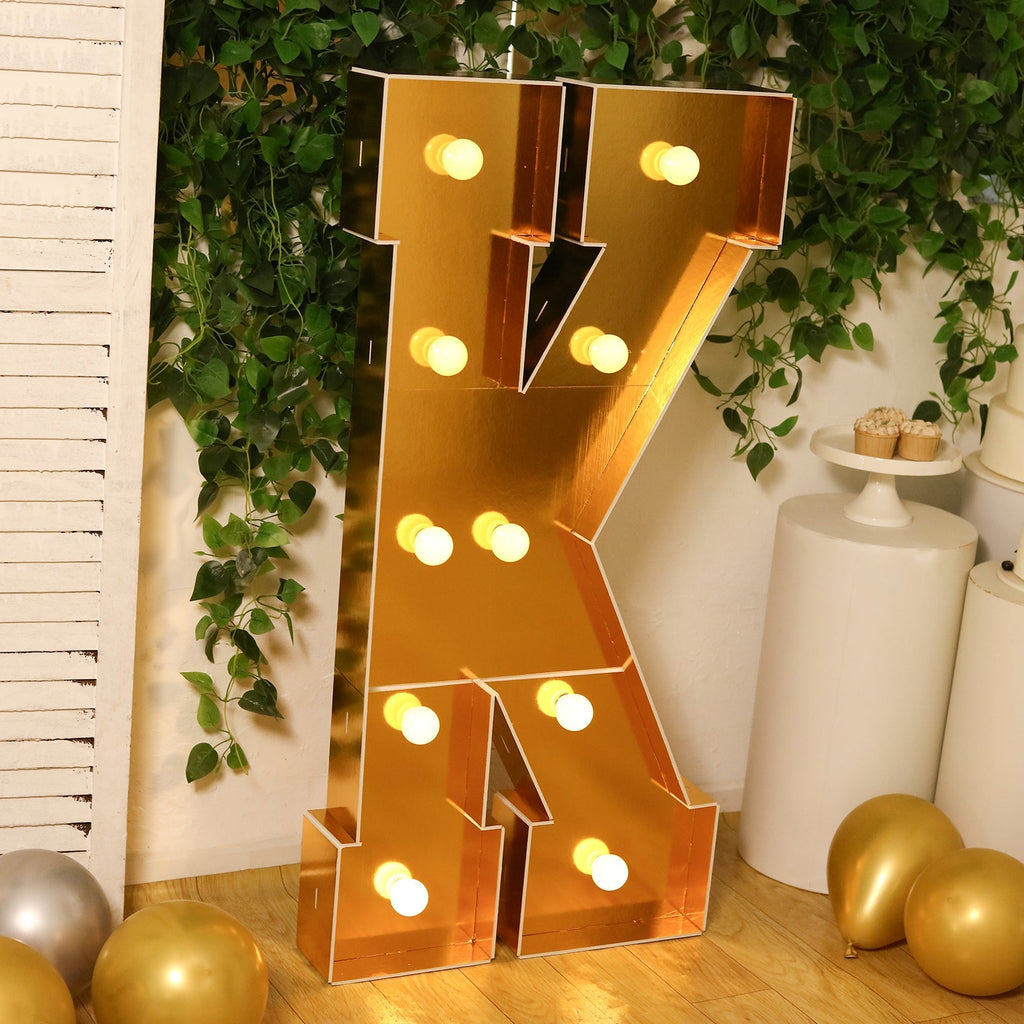 Giant LED Marquee Light Up Letter "K", Gold 4ft Pre - Cut Foam Board with 10 Warm White Battery Operated LEDs, Glue Gun and Sticks - Bell Racket Store