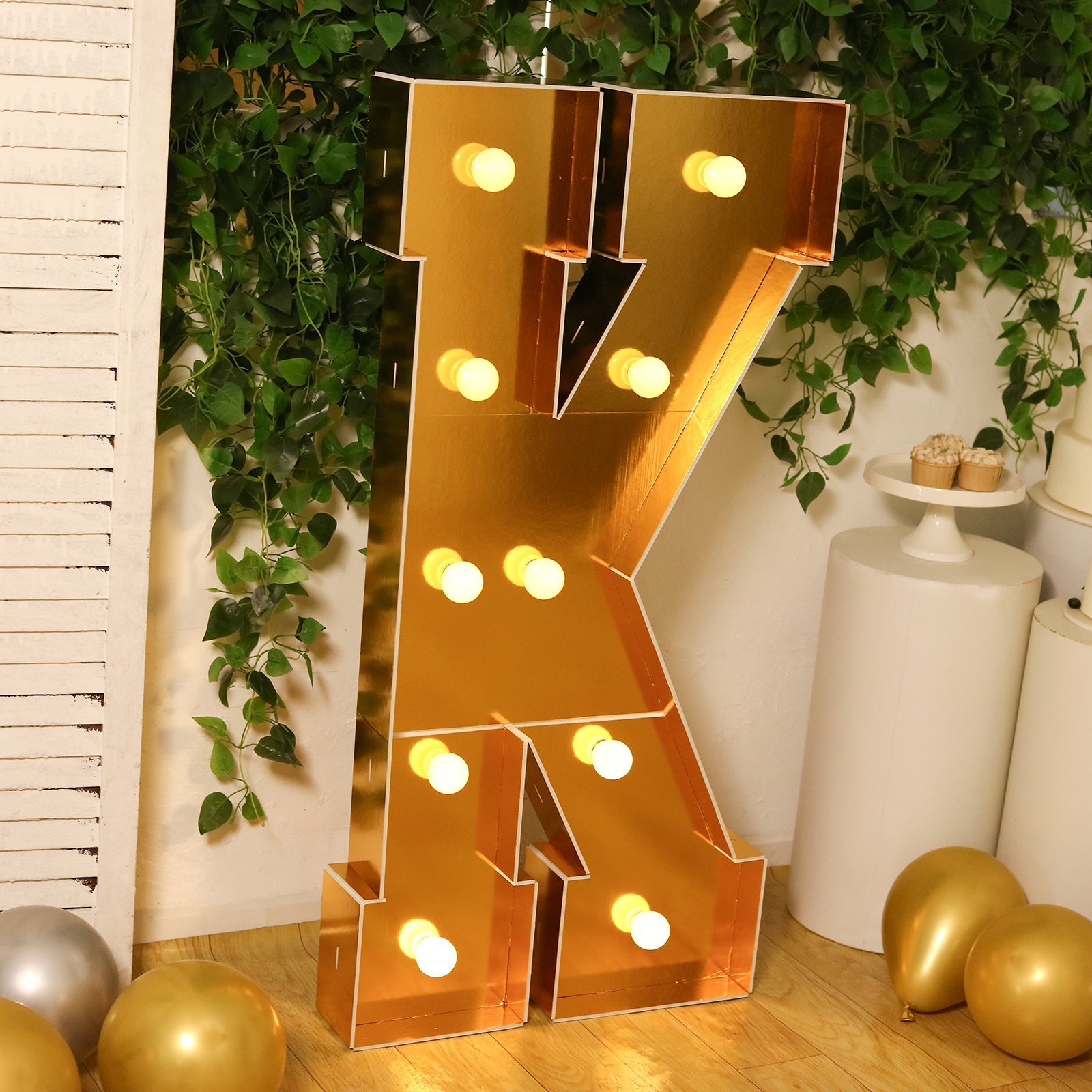 Giant LED Marquee Light Up Letter "K", Gold 4ft Pre - Cut Foam Board with 10 Warm White Battery Operated LEDs, Glue Gun and Sticks - Bell Racket Store