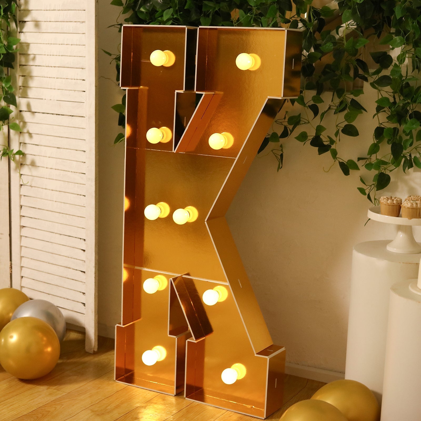 Giant LED Marquee Light Up Letter "K", Gold 4ft Pre - Cut Foam Board with 10 Warm White Battery Operated LEDs, Glue Gun and Sticks - Bell Racket Store
