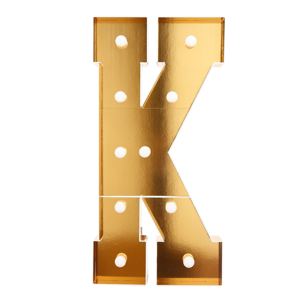 Giant LED Marquee Light Up Letter "K", Gold 4ft Pre - Cut Foam Board with 10 Warm White Battery Operated LEDs, Glue Gun and Sticks - Bell Racket Store