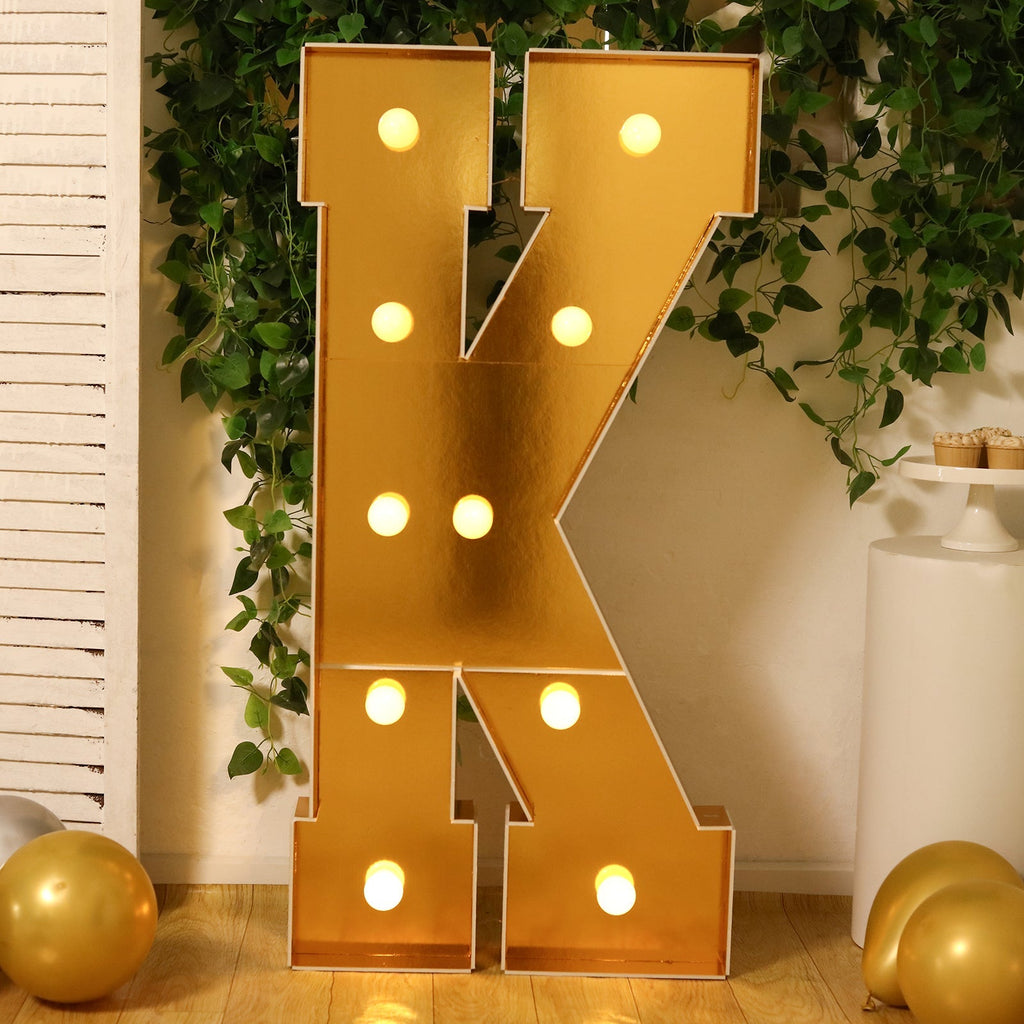 Giant LED Marquee Light Up Letter "K", Gold 4ft Pre - Cut Foam Board with 10 Warm White Battery Operated LEDs, Glue Gun and Sticks - Bell Racket Store