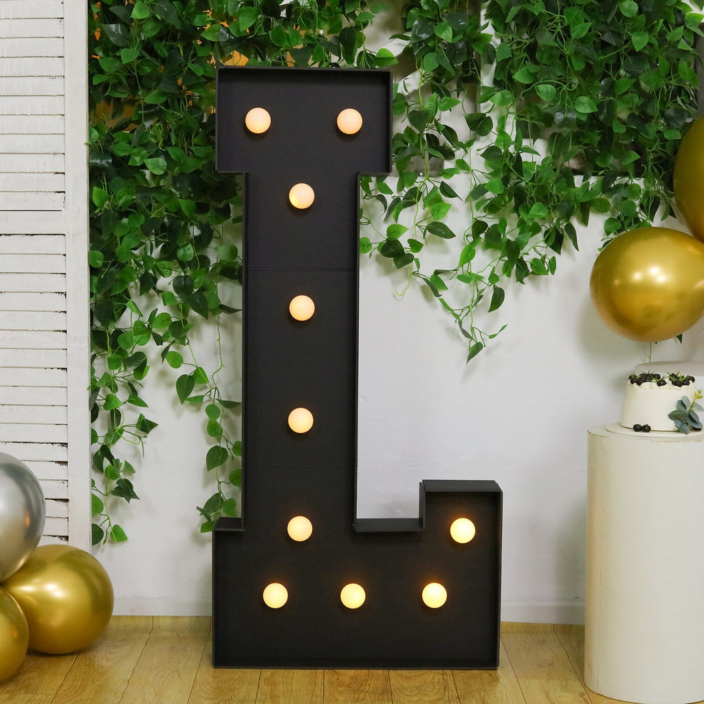 Giant LED Marquee Light Up Letter "L", Black 4ft Pre - Cut Foam Board with 10 Warm White Battery Operated LEDs, Glue Gun and Sticks - Bell Racket Store