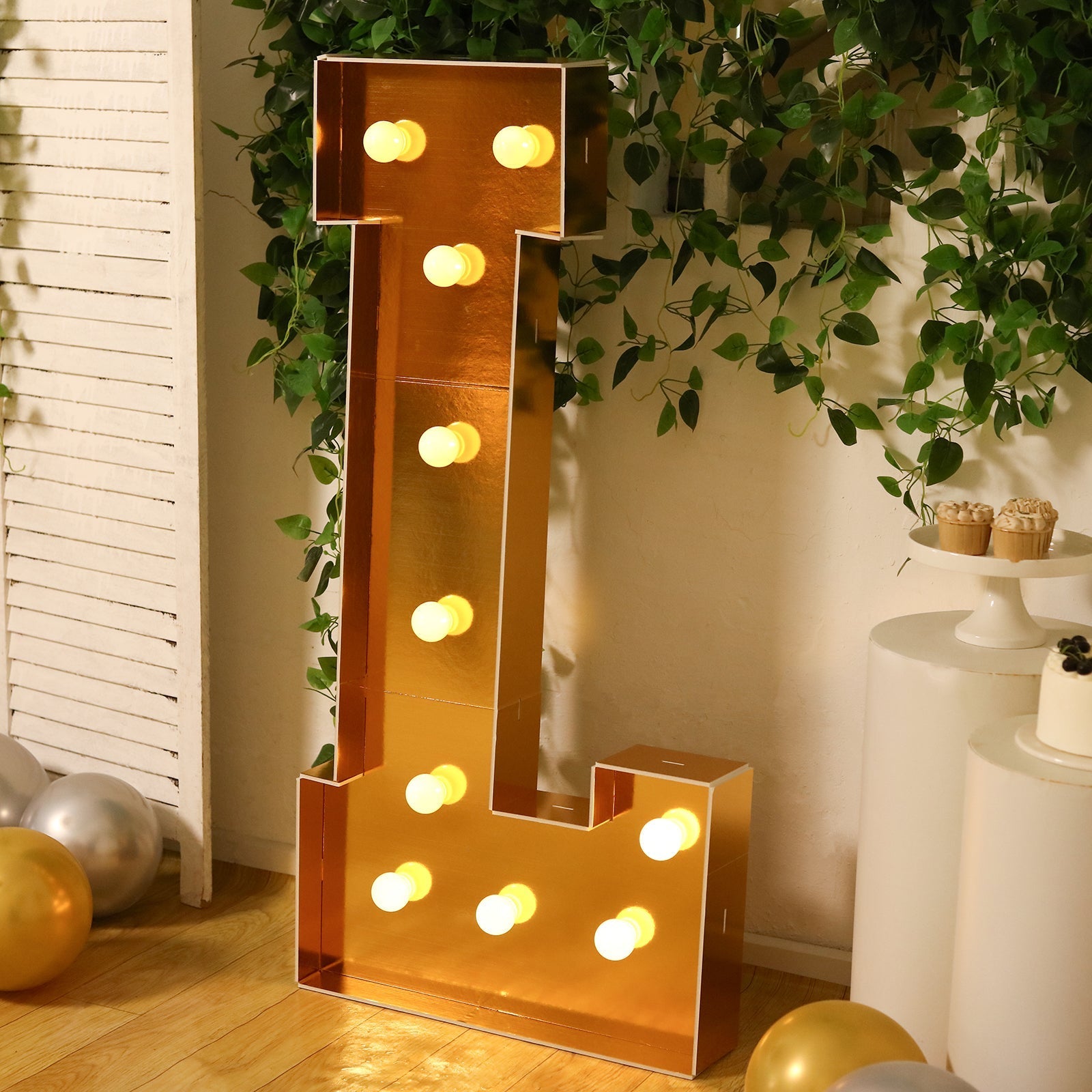 Giant LED Marquee Light Up Letter "L", Gold 4ft Pre - Cut Foam Board with 10 Warm White Battery Operated LEDs, Glue Gun and Sticks - Bell Racket Store