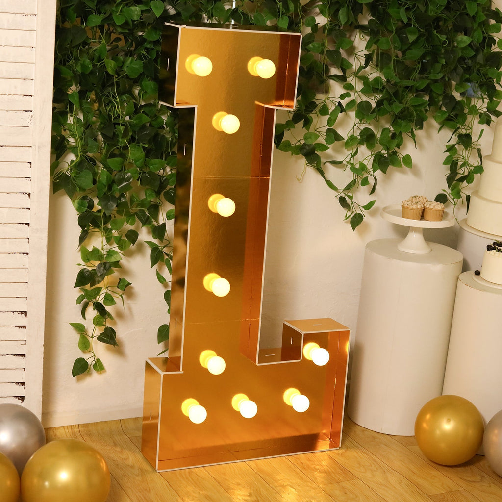 Giant LED Marquee Light Up Letter "L", Gold 4ft Pre - Cut Foam Board with 10 Warm White Battery Operated LEDs, Glue Gun and Sticks - Bell Racket Store