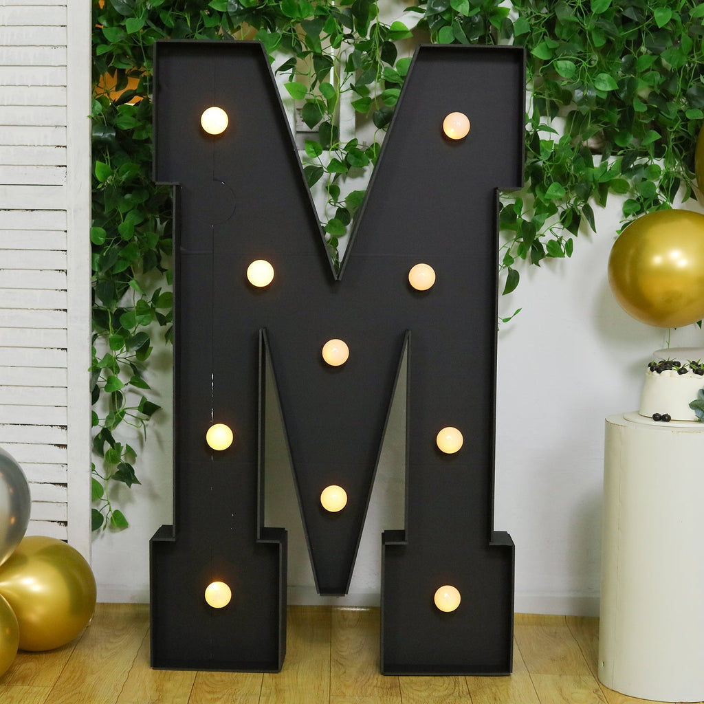 Giant LED Marquee Light Up Letter "M", Black 4ft Pre - Cut Foam Board with 10 Warm White Battery Operated LEDs, Glue Gun and Sticks - Bell Racket Store
