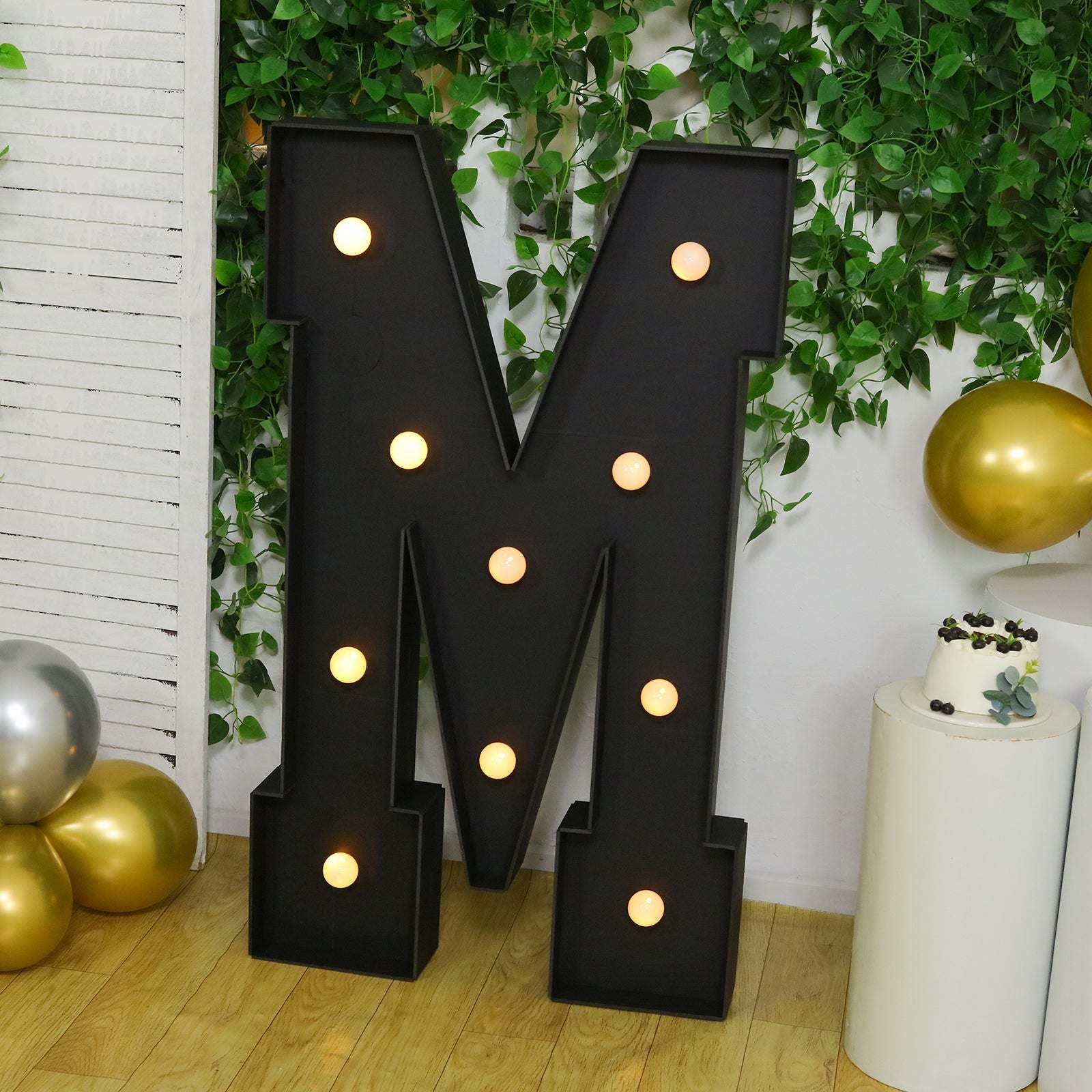 Giant LED Marquee Light Up Letter "M", Black 4ft Pre - Cut Foam Board with 10 Warm White Battery Operated LEDs, Glue Gun and Sticks - Bell Racket Store