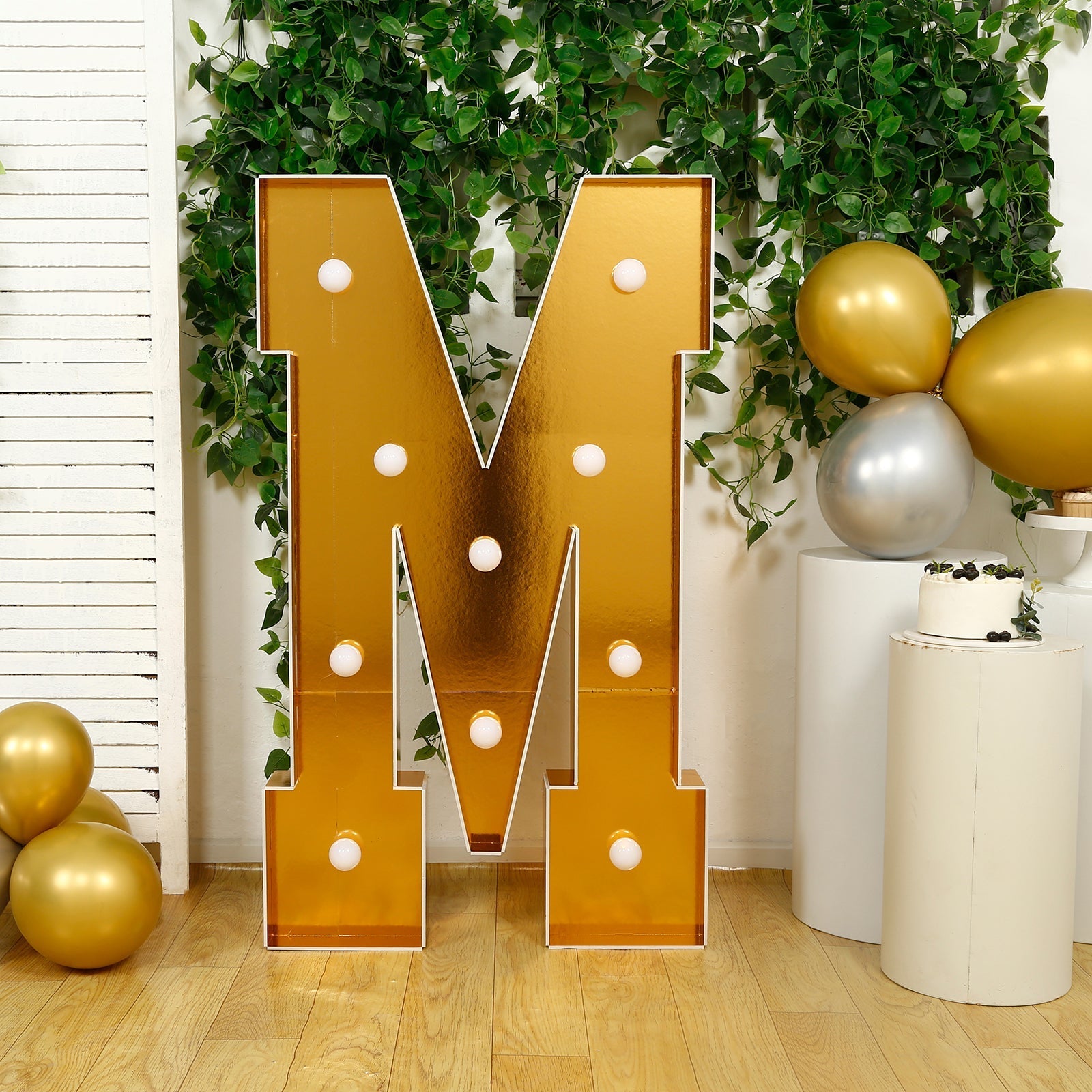 Giant LED Marquee Light Up Letter "M", Gold 4ft Pre - Cut Foam Board with 10 Warm White Battery Operated LEDs, Glue Gun and Sticks - Bell Racket Store