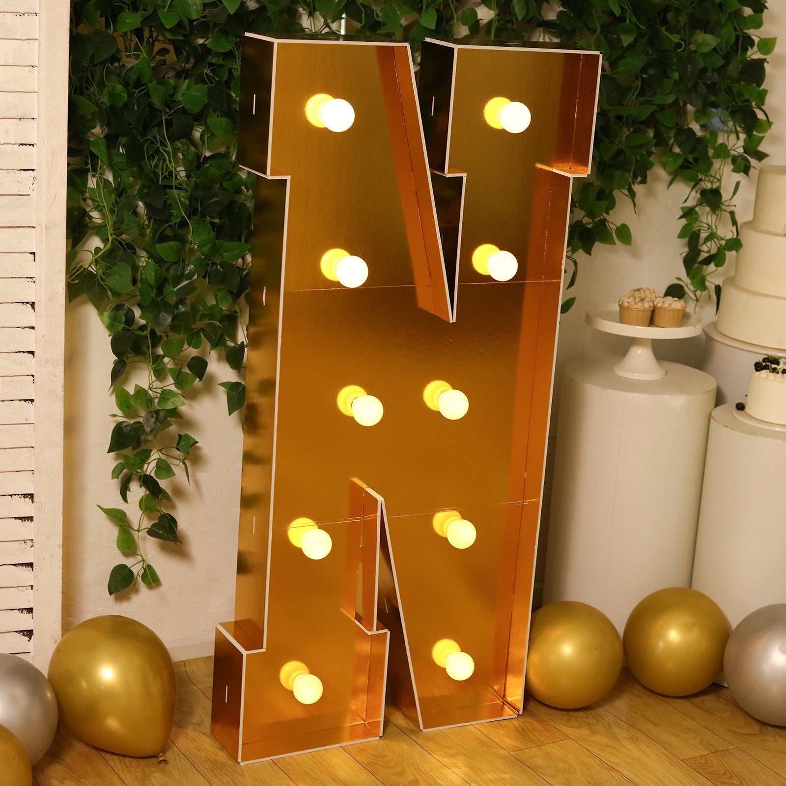 Giant LED Marquee Light Up Letter "N", Gold 4ft Pre - Cut Foam Board with 10 Warm White Battery Operated LEDs, Glue Gun and Sticks - Bell Racket Store