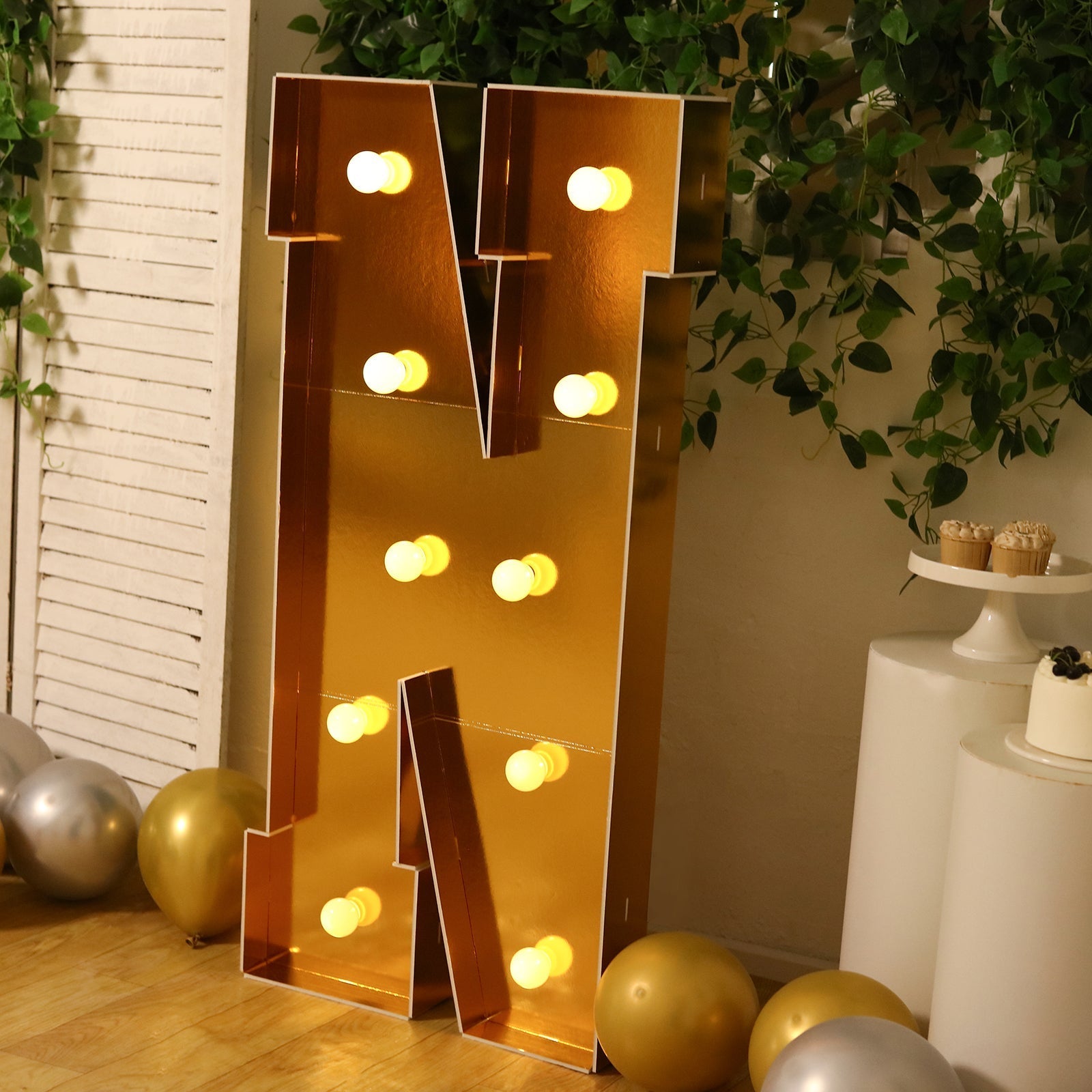 Giant LED Marquee Light Up Letter "N", Gold 4ft Pre - Cut Foam Board with 10 Warm White Battery Operated LEDs, Glue Gun and Sticks - Bell Racket Store