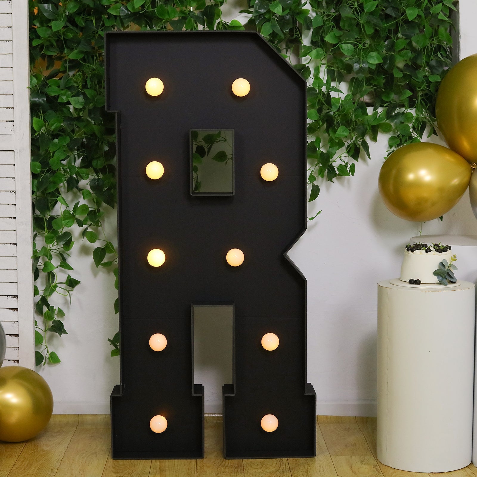 Giant LED Marquee Light Up Letter "R", Black 4ft Pre - Cut Foam Board with 10 Warm White Battery Operated LEDs, Glue Gun and Sticks - Bell Racket Store