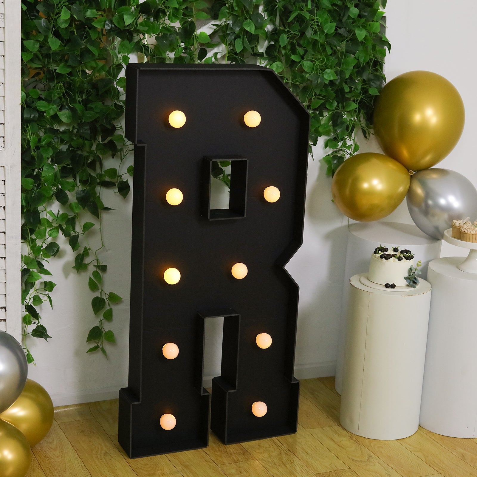 Giant LED Marquee Light Up Letter "R", Black 4ft Pre - Cut Foam Board with 10 Warm White Battery Operated LEDs, Glue Gun and Sticks - Bell Racket Store