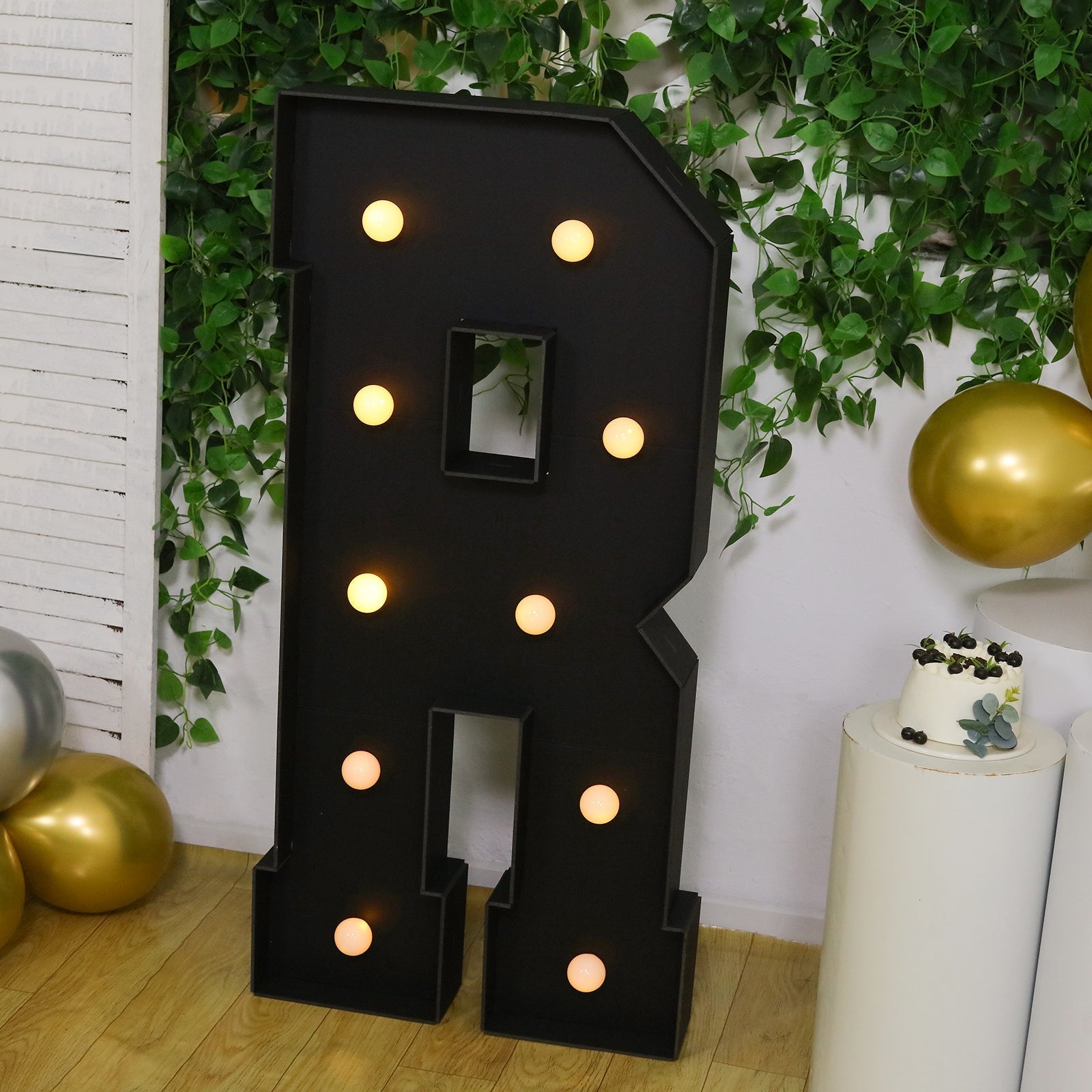 Giant LED Marquee Light Up Letter "R", Black 4ft Pre - Cut Foam Board with 10 Warm White Battery Operated LEDs, Glue Gun and Sticks - Bell Racket Store