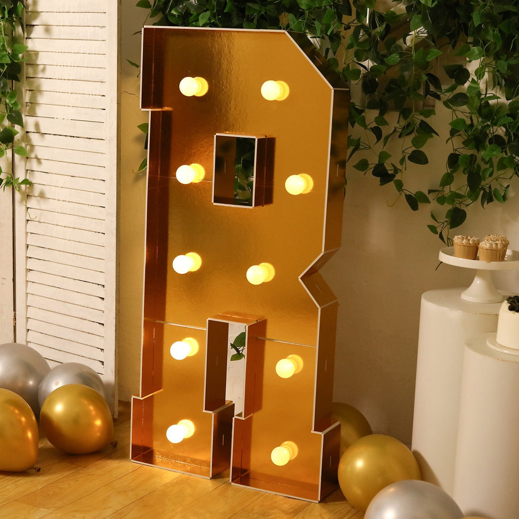 Giant LED Marquee Light Up Letter "R", Gold 4ft Pre - Cut Foam Board with 10 Warm White Battery Operated LEDs, Glue Gun and Sticks - Bell Racket Store