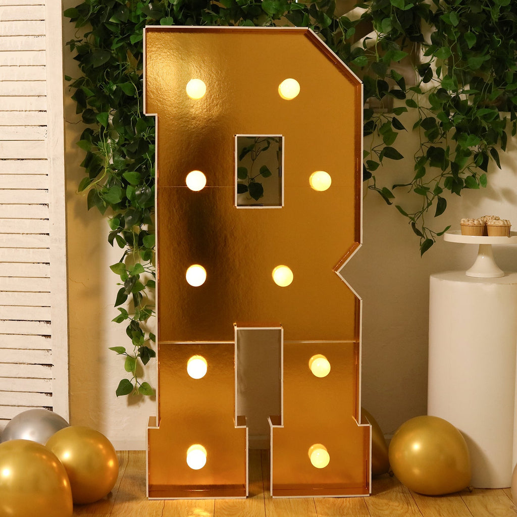 Giant LED Marquee Light Up Letter "R", Gold 4ft Pre - Cut Foam Board with 10 Warm White Battery Operated LEDs, Glue Gun and Sticks - Bell Racket Store
