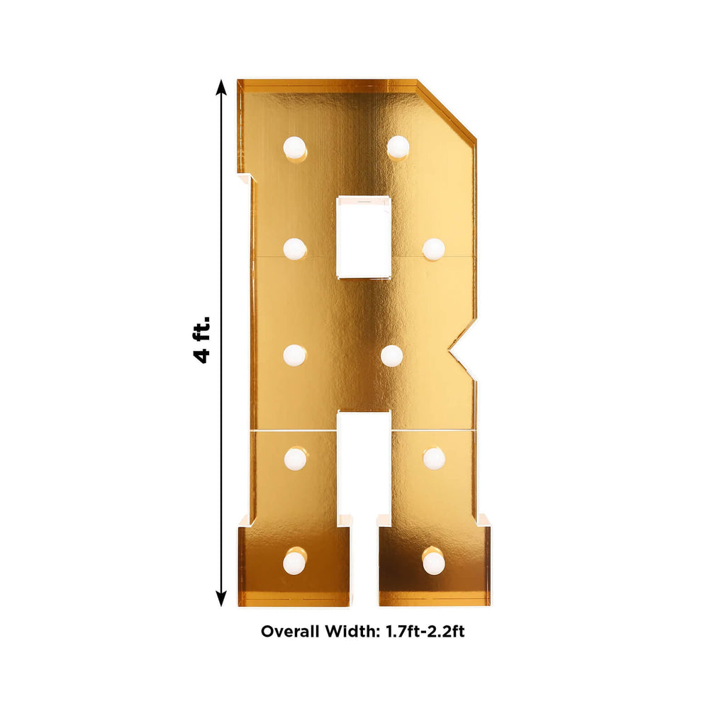 Giant LED Marquee Light Up Letter "R", Gold 4ft Pre - Cut Foam Board with 10 Warm White Battery Operated LEDs, Glue Gun and Sticks - Bell Racket Store