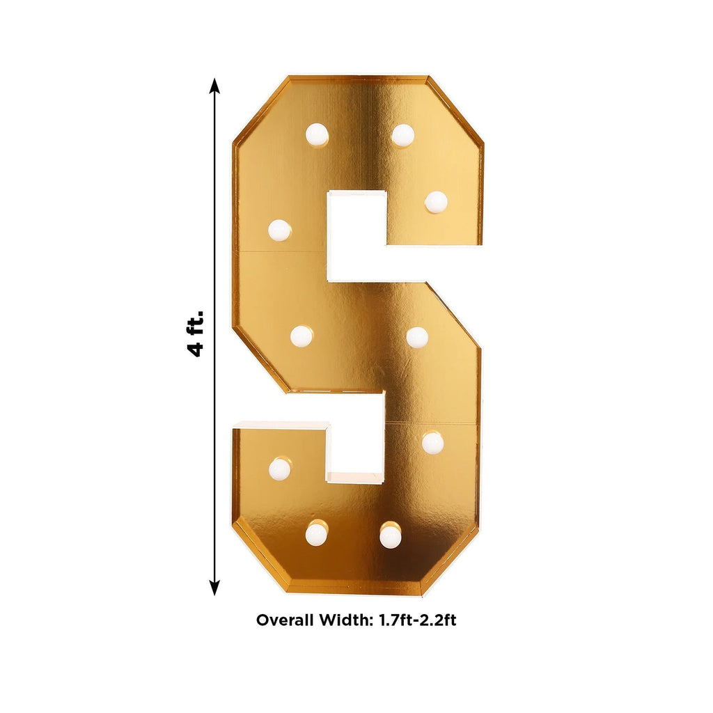Giant LED Marquee Light Up Letter "S", Gold 4ft Pre - Cut Foam Board with 10 Warm White Battery Operated LEDs, Glue Gun and Sticks - Bell Racket Store