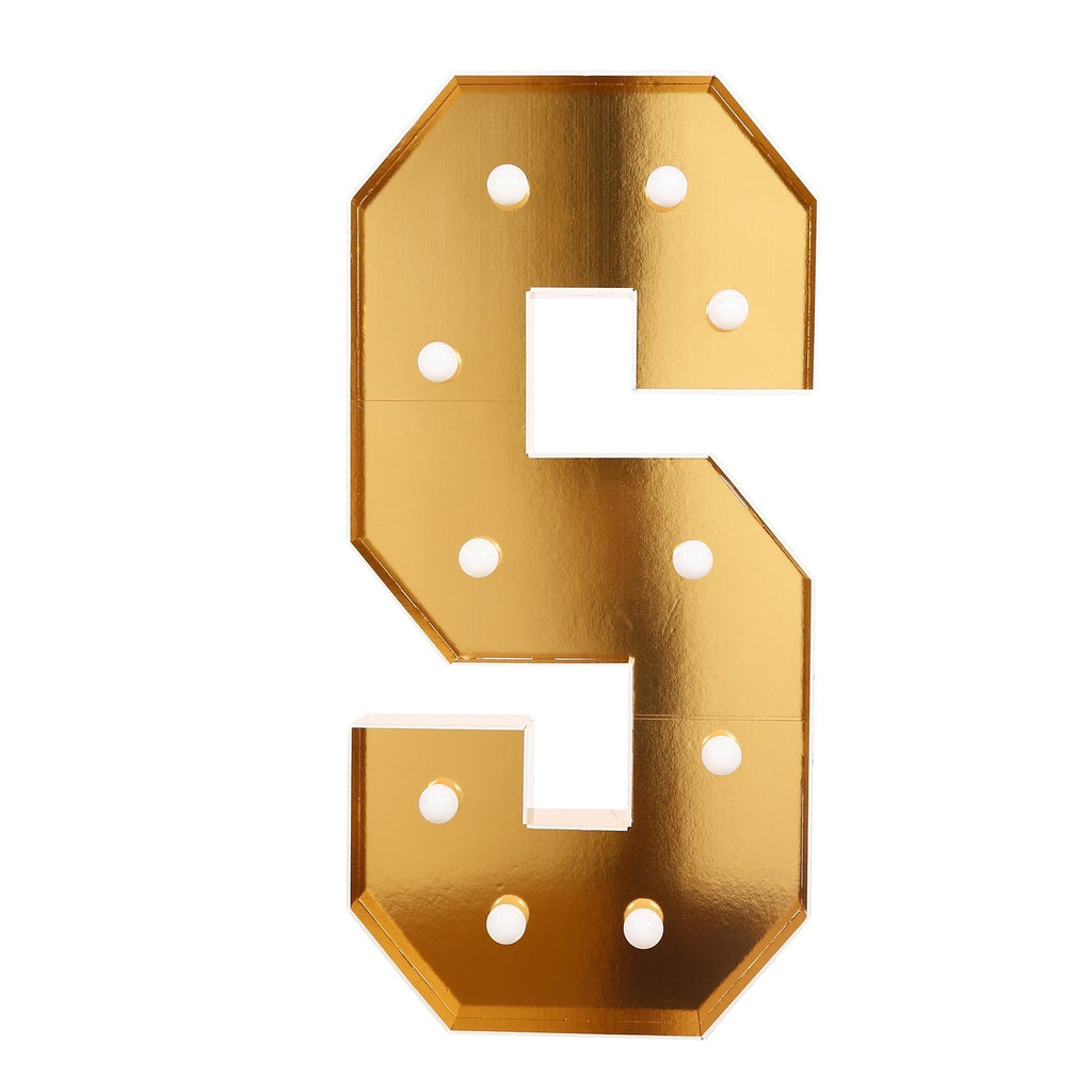 Giant LED Marquee Light Up Letter "S", Gold 4ft Pre - Cut Foam Board with 10 Warm White Battery Operated LEDs, Glue Gun and Sticks - Bell Racket Store