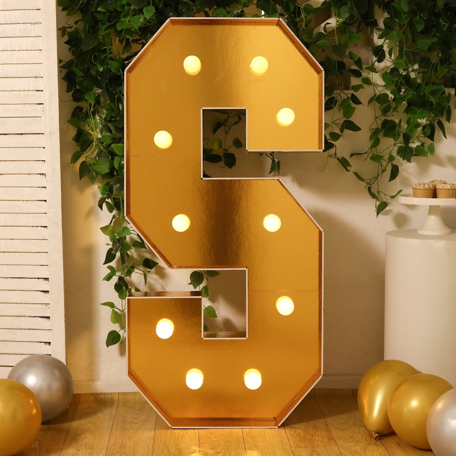 Giant LED Marquee Light Up Letter "S", Gold 4ft Pre - Cut Foam Board with 10 Warm White Battery Operated LEDs, Glue Gun and Sticks - Bell Racket Store