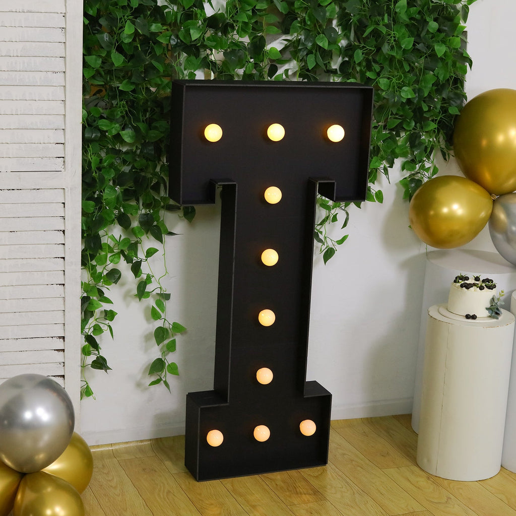 Giant LED Marquee Light Up Letter "T", Black 4ft Pre - Cut Foam Board with 10 Warm White Battery Operated LEDs, Glue Gun and Sticks - Bell Racket Store